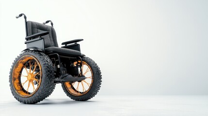 Naklejka premium A sleek, modern wheelchair featuring rugged, vibrant orange tires, merging functionality with contemporary design for improved mobility and stylish looks indoors and outdoors.