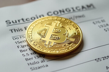 golden bitcoin coin lies paper receipt