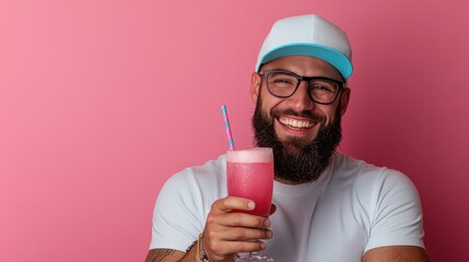 A happy hipster with a beard and glasses enjoys a vibrant pink smoothie in a stylish setting, symbolizing a cheerful lifestyle and modern beverage trends.