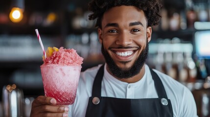 A smiling barista offers a playful pink slushy drink topped with fruit in a welcoming café, reflecting creativity and customer satisfaction in beverage service.
