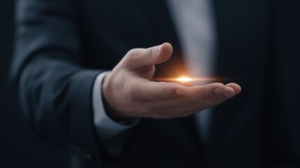 Businessman holding glowing light in open hand. Conceptual studio shot for innovation, success,