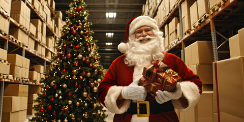 In a warehouse full of cardboard boxes, a smiling Santa Claus poses with a bundle of gifts on his right