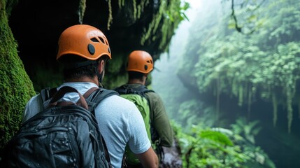Two explorers wearing helmets and backpacks navigate through a lush, misty jungle canyon, embodying adventure, discovery, and resilience amidst dense foliage.