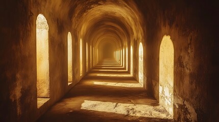 Naklejka premium Golden Light Illuminates Ancient Stone Corridor