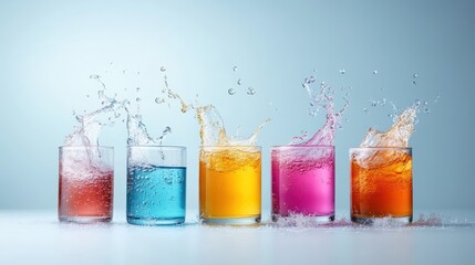 Five glasses filled with colorful liquid splashes are captured mid-air, creating a dynamic scene...