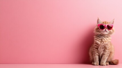 Adorable orange cat wearing stylish pink sunglasses sitting against a pink backdrop, exuding charm and fashion sense in a playful and vibrant setting.