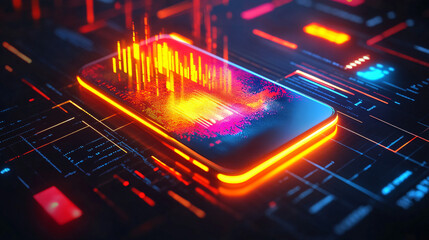 Fototapeta premium A glowing smartphone icon with data metrics surrounding it, symbolizing online communication platforms, smart devices, and app analytics. 