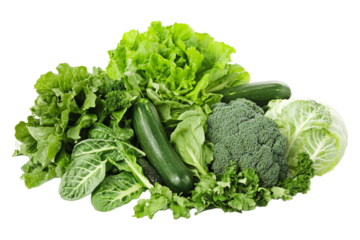 A pile of green vegetables, isolated on a transparent background, highlighting their details, perfect for healthy eating, nutrition, or food-themed designs.