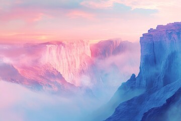 Stunning dawn view of majestic white cliffs surrounded by mist and soft pastel hues