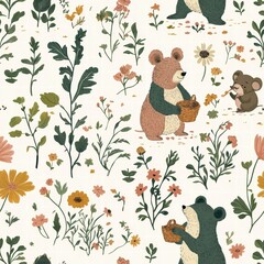 Whimsical bears collect flowers surrounded by blooming plants, creating a joyful atmosphere of harmony and playfulness in nature. Generative AI