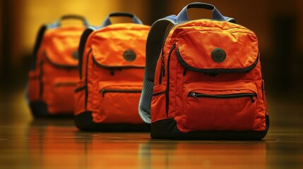 Orange backpacks with black zippers and brown leather patches, lined up on reflective wooden floor, perfect for travel, school, adventure, or autumn themes, warm lighting, cozy atmosphere best for ma