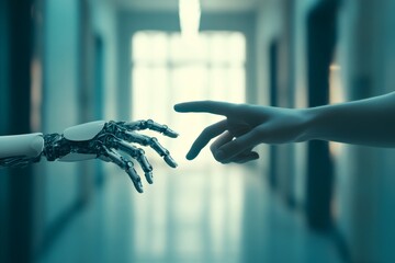 Symbolic interaction  robotic hands reaching out to represent human ai collaboration