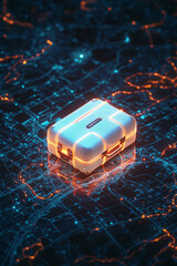 A glowing suitcase icon floating above a digital map, representing online travel services, digital booking, and virtual tourism. 