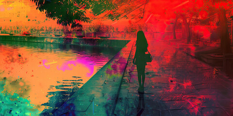 Fototapeta premium Silhouette of Woman Walking by Water with Abstract Color Overlay