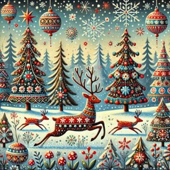 Snow-Covered Forest with Christmas Lights