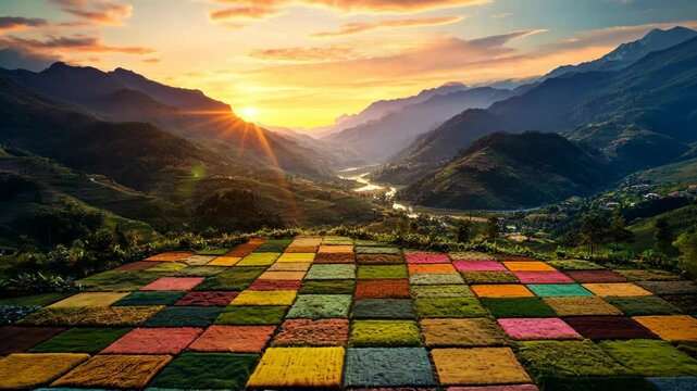 Colorful patchwork fields at sunrise overlooking a serene valley in rural landscape