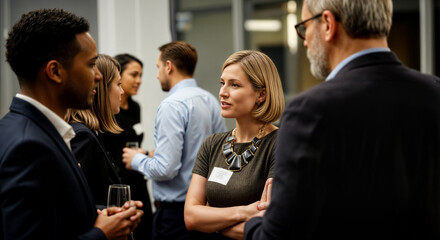 Successful businesswoman attending a corporate networking event with diverse colleagues in a modern office setting