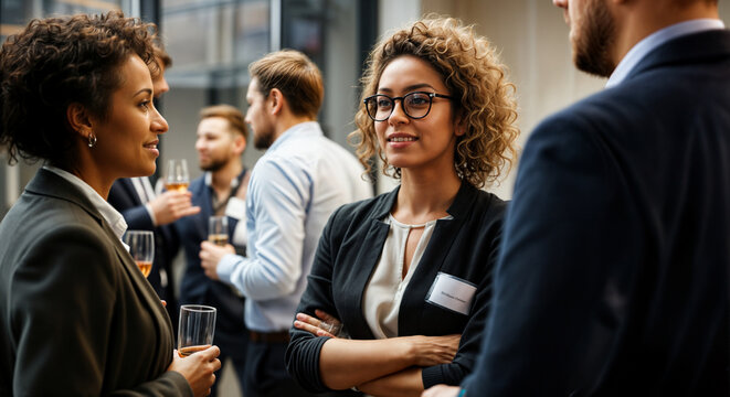 Successful businesswoman attending a corporate networking event with diverse colleagues in a modern office setting