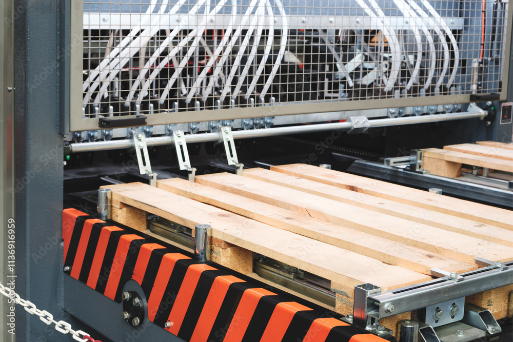 Poster A palletizer is in operation with a chain hanging from it. The chain is connected to a metal bar