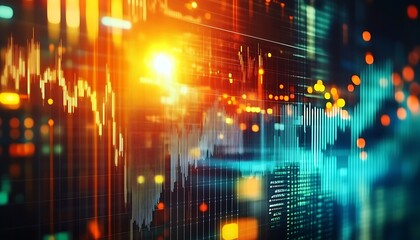 Obraz premium Abstract Stock Market Table Illustration with Global Trading Market Changes, Uptrend Line Graph, Multi-Exposure Effect, and Lens Flare for Business Growth Visualization, Generative Ai