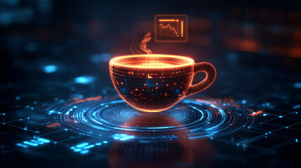 A glowing tea cup icon surrounded by food analytics, representing online tea shops, digital recipe platforms, and smart cafe management tools. 