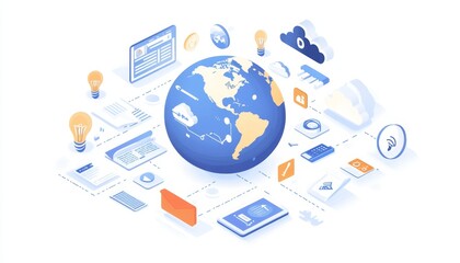 Isometric earth illustration surrounded by digital icons of cloud technology and modern connectivity