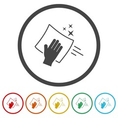 Hand with cleaning napkin icon. Set icons in color circle buttons