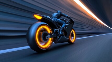 Fototapeta premium a flaming wheel on a powerful motorcycle speeding down a highway at night