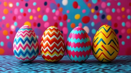 Colorful Easter eggs with zigzag patterns standing on blue surface, festive holiday decoration for spring celebration, vibrant multicolor bokeh background, cheerful joyful atmosphere
