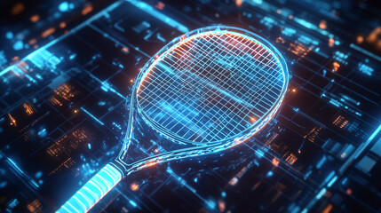 A glowing tennis racket icon surrounded by player stats, representing online tennis coaching platforms, real-time game analytics, and digital sports tools. 