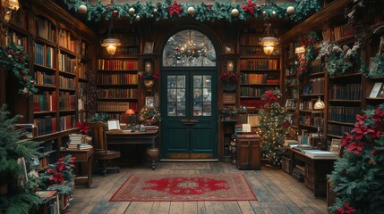 Obraz premium Vintage bookstore holiday display with antique books and decor