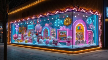 Fototapeta premium Toyland holiday storefront with oversized toy decorations and lights