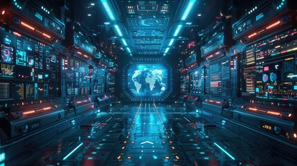 Obraz premium Futuristic control room with digital displays and a world map.