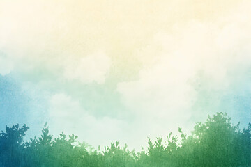 Fototapeta premium Serene watercolor landscape showcasing a tranquil sky and lush green foliage, ideal for backgrounds, cards, or design projects.