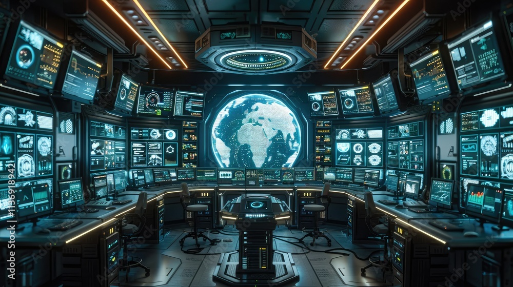 Poster futuristic control room with multiple screens displaying data and a globe.