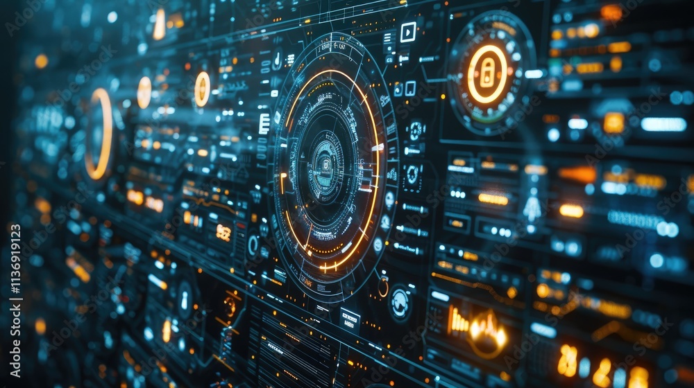Poster futuristic digital interface with data visualizations and security icons.