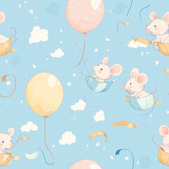 Delightful mice soar through the sky, clutching pastel balloons, amidst fluffy clouds and floating ribbons, creating a joyful atmosphere. Generative AI