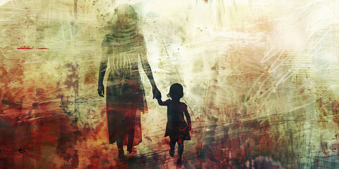 Obraz premium Silhouette of Adult and Child Against Abstract Background