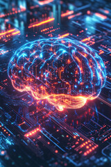 Obraz premium A stylized brain icon glowing with digital circuits, surrounded by AI-driven data, symbolizing artificial intelligence and machine learning. 