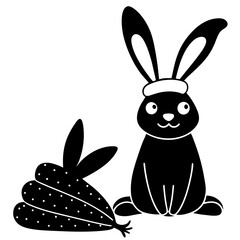 Bunny wearing a Santa hat beside a pile of carrots