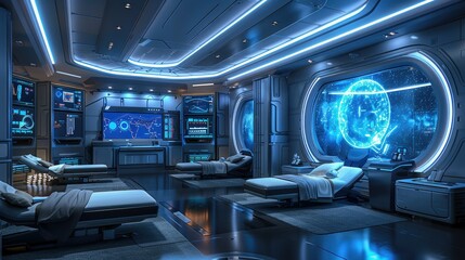 Obraz premium Futuristic space station interior with advanced technology and a view of a celestial body.
