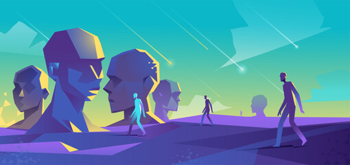 artificial intelligence, digital, society, social media, technology, technological, virtual reality, metaverse, geometric art, blue, illustration, minimalist design, abstract people, digital landscape