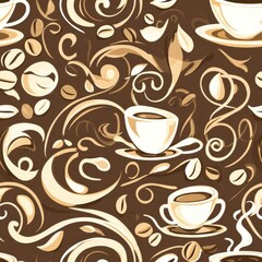 Obraz premium This seamless pattern showcases charming coffee cups intertwined with swirling designs and coffee beans, creating a warm, cozy feel. Generative AI
