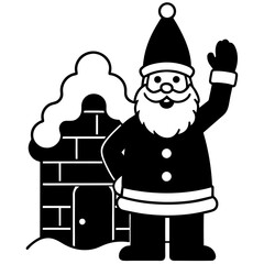 Cartoon Santa Claus waving beside a snow-covered chimney