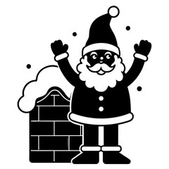 Cartoon Santa Claus waving beside a snow-covered chimney