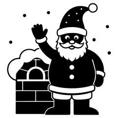 Cartoon Santa Claus waving beside a snow-covered chimney