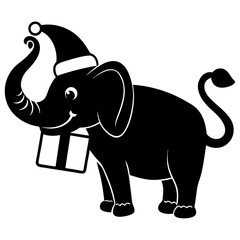 Elephant wearing a Santa hat holding a gift with its trunk