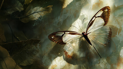 A glasswing butterfly resting on a leaf, its transparent wings reflecting light and showing faint patterns
