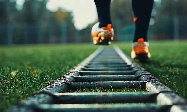 Athlete walking on agility ladder outdoors.