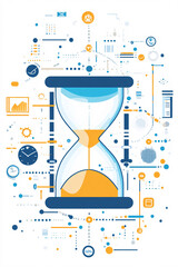 Fototapeta premium A stylized hourglass icon surrounded by productivity data, representing online time tracking tools, digital task management, and project scheduling. 